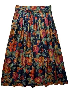 Vintage The Villager Floral Pleated Maxi Skirt 14 Navy Cottagecore Prairie Boho